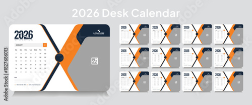 Trendy desk calendar 2026 template, corporate desk calendar schedule 2026 monthly 12-page planner layout, editable vector eps 10 file format