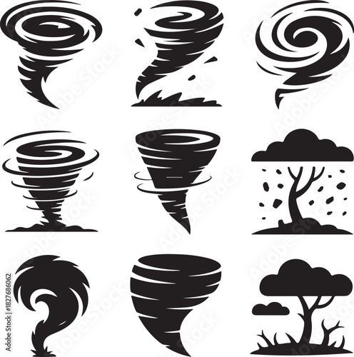 Collection of stylized tornado and storm icons in black and white