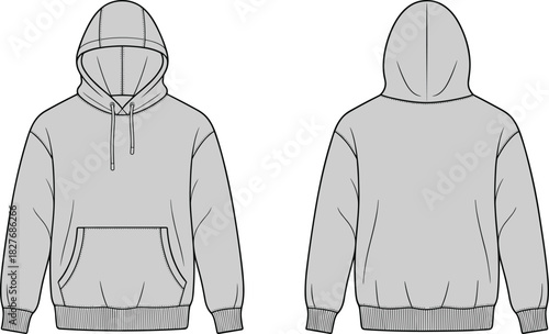 Oversized Grey Hoodie Fashion Flat Sketch, Drop Shoulder Pullover Sweatshirt, Technical Drawing Vector Template, Front and Back View Apparel Design