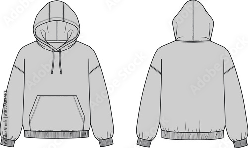 Oversized Hoodie Fashion Flat Sketch, Drop Shoulder Pullover Sweatshirt Technical Drawing, Vector Template, Streetwear Apparel Design Front and Back View