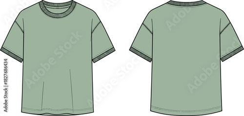 Oversized T-Shirt Fashion Flat Sketch, Drop Shoulder Technical Drawing, Vector Template, Green Apparel Design, Front and Back View