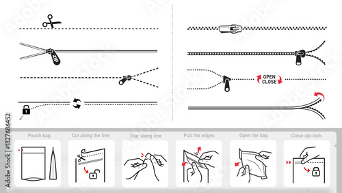 A set of icons for opening zip locks, tear notch on packaging. Zip and scissors vector icon set. Each icon perfect for your food bags, clothes vacuum bags, handbags, slider bags, ziplock bag. EPS10.