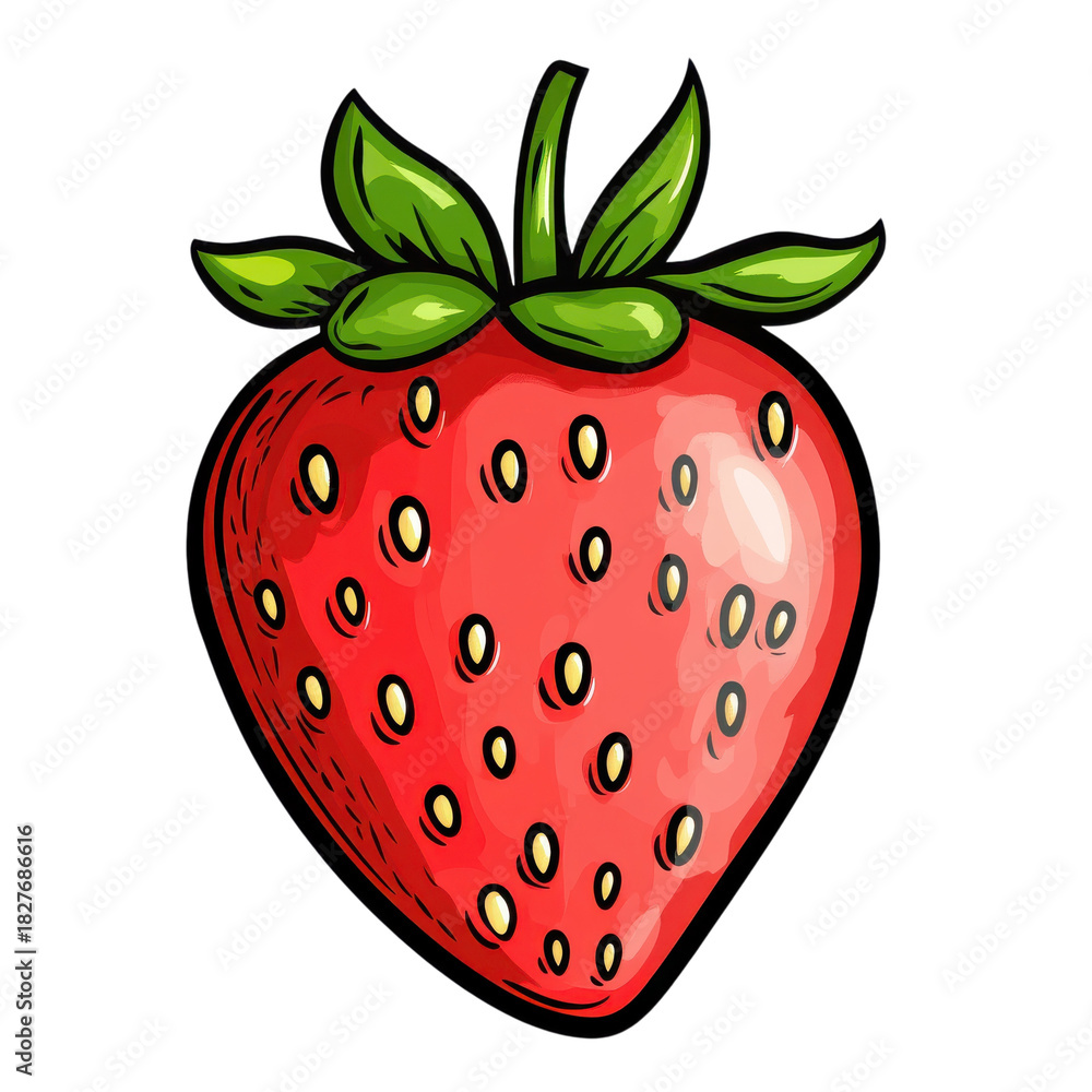 Obraz premium A bright red strawberry with green leaves sits against a plain background, showcasing its vibrant color and texture.