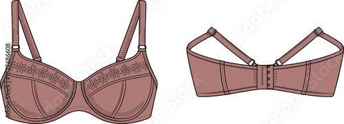 Pink Bra Fashion Flat Sketch, Lingerie Technical Drawing Vector Template,Front and Back View, Underwire Cup Illustration