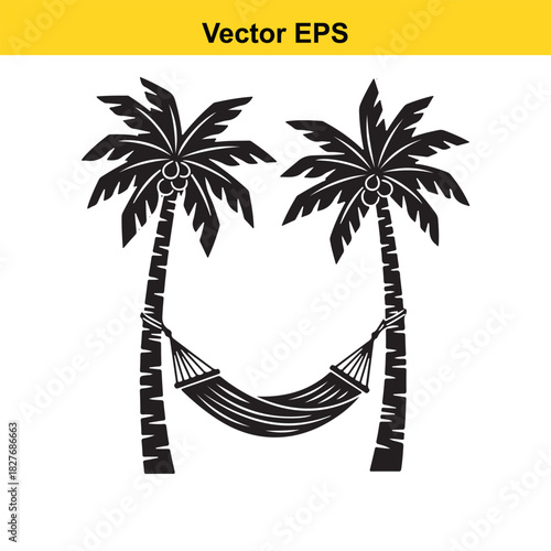 Black and white silhouette vector of a hammock strung between two palm trees