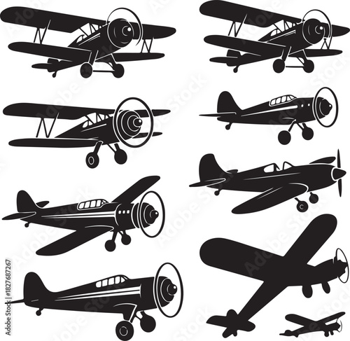Collection of vintage airplane silhouettes vector illustration on white background
