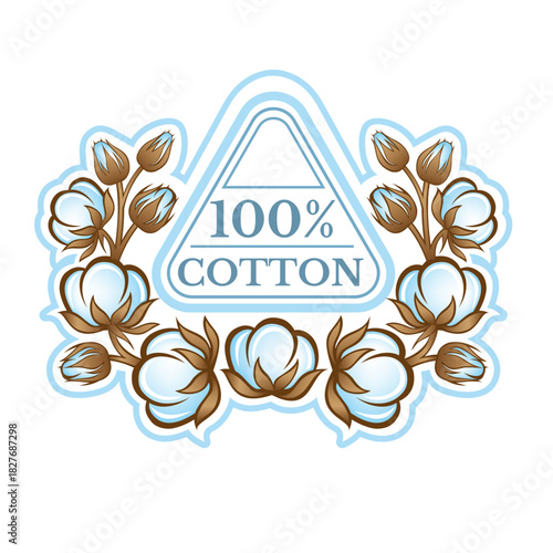 Cotton seeds and leaves vector label. Triangular frame or tag for eco textile and natural fabric tag. Color 100% cotton icon vector template