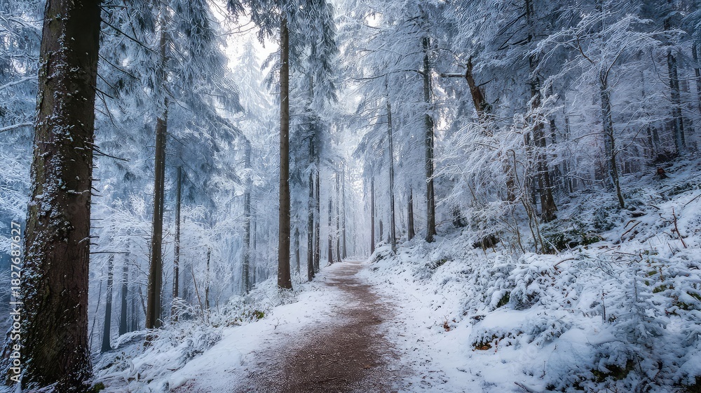 Obraz premium Stunning snowy forest scene with a path perfect for winter wanderlust, capturing the serene beauty and tranquility of a snow-covered landscape for your next project