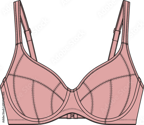 Underwire bra technical flat drawing, detailed lingerie design template, women’s underwear fashion sketch, structured cup garment outline for apparel production, vector illustration