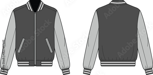 Varsity Jacket Fashion Flat Sketch, Bomber Technical Drawing Vector Template, Front and Back View, Ribbed Striped Trim, Outerwear Design