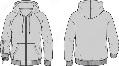 Zip-up Hoodie Fashion Flat Sketch, Raglan Sleeve Technical Drawing, Vector Template Front and Back View, Grey Sweatshirt Design