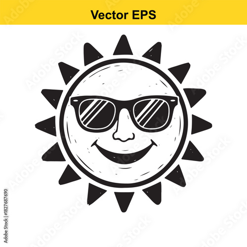 Doodle drawing of a happy sun wearing sunglasses, isolated on white background