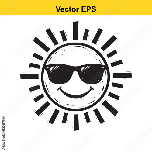 Doodle style happy sun wearing sunglasses isolated on white background