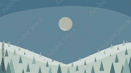 Peaceful Winter Landscape with Full Moon — Snowy Night Illustration