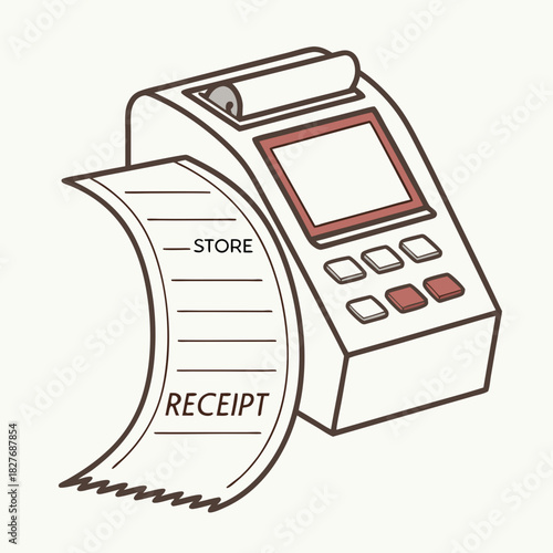 Cash Register Machine with Printed Receipt Showing Store and Receipt Text till point of sale