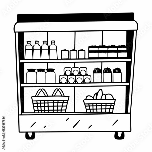 Doodle illustration of a refrigerated display case filled with food and drinks Keywords: refrigerator, display case, cooler, food, drinks, groceries, market, store, shop, products, bottles, jars