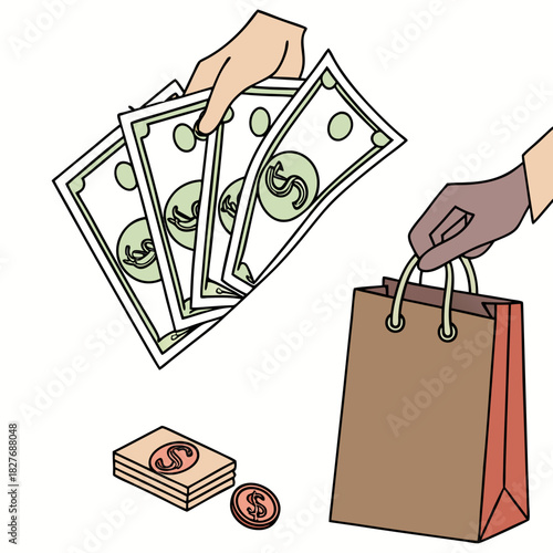 Hands Exchanging Money for Shopping Bag and Coins isolated cash