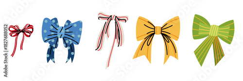 A set of flat, colorful, handmade bows and ribbons in stripes and polka dots. Double, triple, fluffy bows from above. Thin, wide ribbon. Perfect for wrapping gifts or decorating