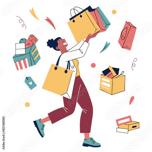 Happy woman with many shopping bags and gift boxes surrounded by confetti and leaves excited