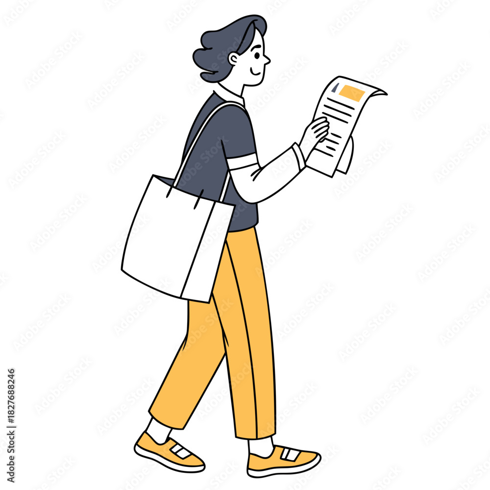 Fototapeta premium Person walking and reading a newspaper with a tote bag holding