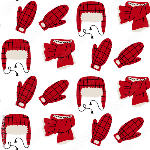 Seamless pattern with cute winter hats with fur, scarves, and gloves in red tones. Colorful flat texture. Perfect for seasonal clothing, gift packaging, cozy textiles, and cold-weather promotions