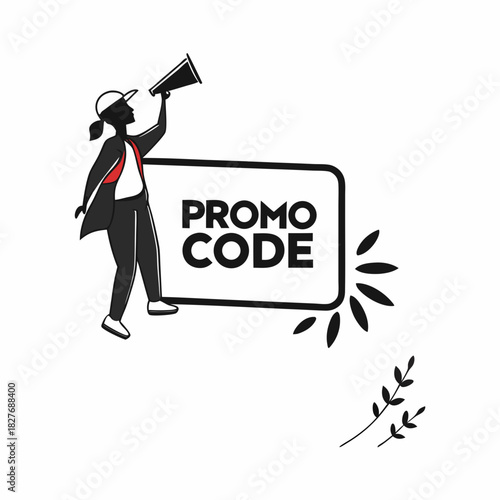Silhouette of a person with a megaphone announcing PROMOCODE with decorative elements promo code