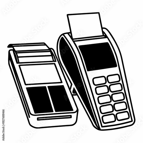 Two payment terminals with receipt paper on white background credit card machine pos machine