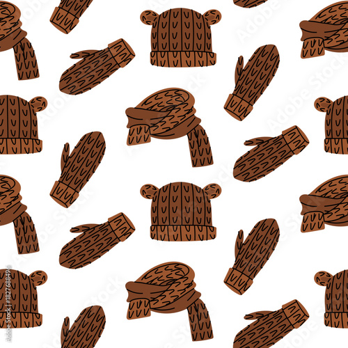 Seamless pattern cute winter bear-eared hats, scarves, gloves in brown tones with obvious knitting. Colorful flat texture for seasonal clothing, gift packaging, cozy textiles, cold-weather promotions