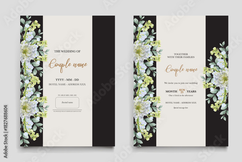 WEDDING INVITATION FRAME WITH FLOWER DECORATIONS AND FRESH LEAVES