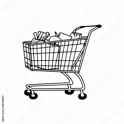 Black and white line art illustration of a metal shopping cart filled with groceries grocery cart supermarket cart