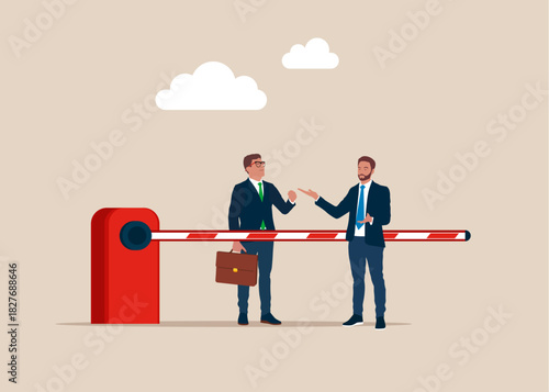 Lack of trust. Business partner stand on opposite sides of a barrier. Keep your distance. No global business investment. Vector flat illustration