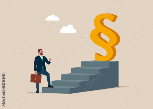 Businessman with paragraph sign at the top of a staircase. Justice. Ensuring one's rights are respected. Vector flat illustration