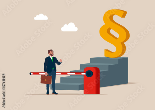 Businessman in front barrier and paragraph sign at the top of a staircase. Justice unavailable. Outside the law. Vector flat illustration