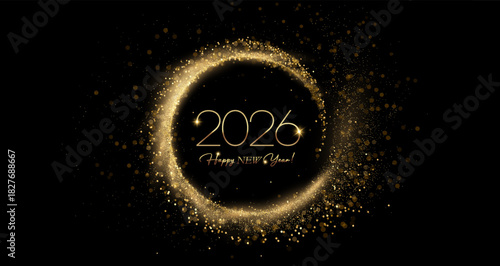 2026 Merry Christmas and Happy New Year Abstract Shiny Gold Glitter Decoration. Festive Background. Vector design element