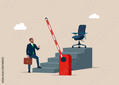 Professional and career growth. Businessman with raised barrier and a staircase leading upward. Beginning of a new career. Vector flat illustration