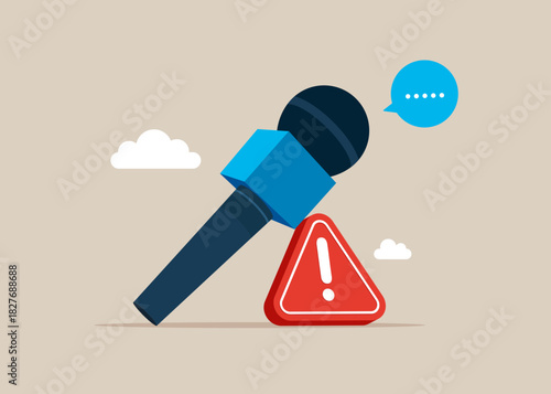Faulty loudspeaker. Microphones with exclamation attention sign. Problem. No press conference. Press conference with journalist or reporter. Vector flat illustration