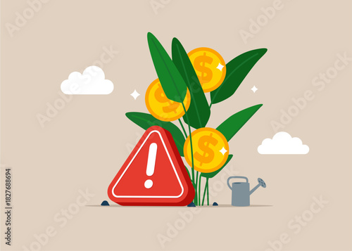 Money plant with coin flower and exclamation attention sign. Problems with financial and investment growth, increase earning profit, wealth management. Little money, dangerous. Vector illustration