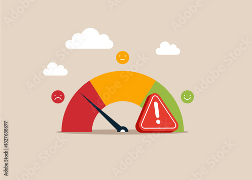 Performance rating with exclamation attention sign. Customer feedback, credit score or satisfaction measurement, quality control or improvement. Vector flat illustration