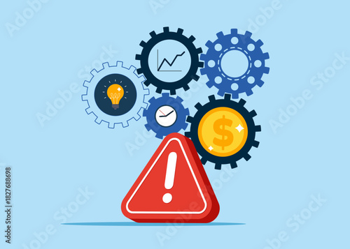 Gear production with exclamation attention sign. Problem optimize cost and for profit strategy error. Vector illustration