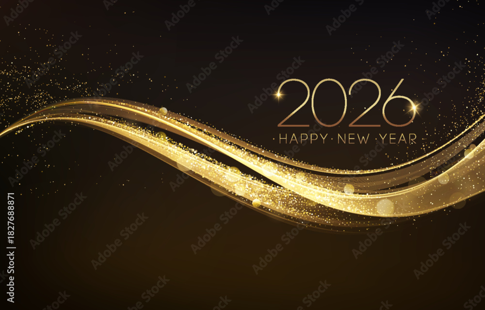 Naklejka premium 2026 Merry Christmas and Happy New Year Abstract Shiny Gold Glitter Decoration. Festive Background. Vector design element