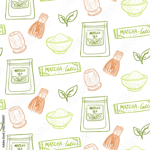 Seamless pattern with colored outline images of objects for making matcha drinks. Latte bag, tea bag, whisk, mortar, plate with dry mixture. Green, brown. Perfect for cafe decoration, paper decoration