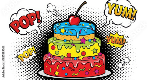 Colorful pop art birthday cake with cherry and comic speech bubbles