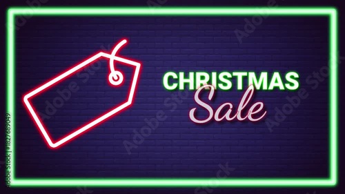 Christmas sale neon light effect animation – glowing sale sign on dark background, festive holiday promo video for holiday deals & seasonal marketing