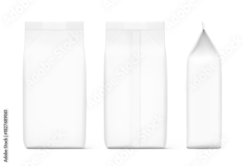 Hyper realistic transparent vertical bag mockup. Front, back and side view. Vector illustration isolated on white background. Can be use for template your design, presentation, promo, ad. EPS10.