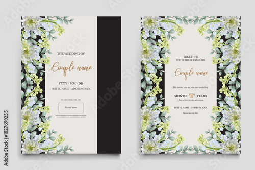 WEDDING INVITATION FRAME WITH FLOWER DECORATIONS AND FRESH LEAVES