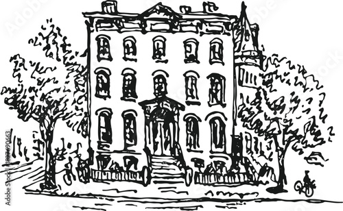 Hand Drawn Vector Sketch of Classic City Townhouse Architecture