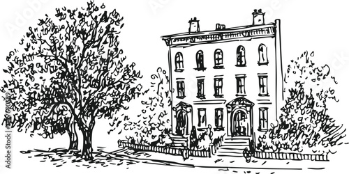 Hand Drawn Vector Sketch of Classic City Townhouse Architecture