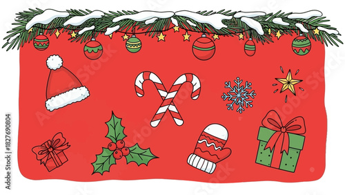 Festive Decorations A Colorful Collection of Christmas Ornaments and Festive Symbols on Red
