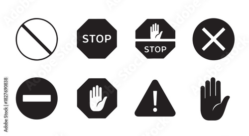 Set of black and white prohibition signs vector illustration of warning and attention icons isolated
