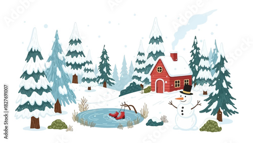 Charming hand-drawn winter illustration of a snowy forest with a red cabin, a snowman, and an ice skating accident